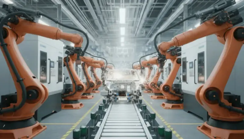 IT recruitment — automotive production line with industrial robots in operation